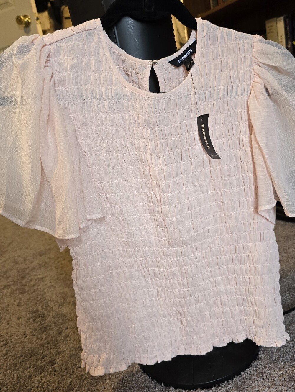 Express Light Blush Pink Smocked Puff-Sleeve Top